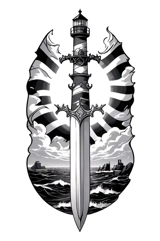 "Breton ha lorc'h ennañ!" A Breton flag, plus a lighthouse that illuminates the sword of Merlin the enchanter tattoo design idea