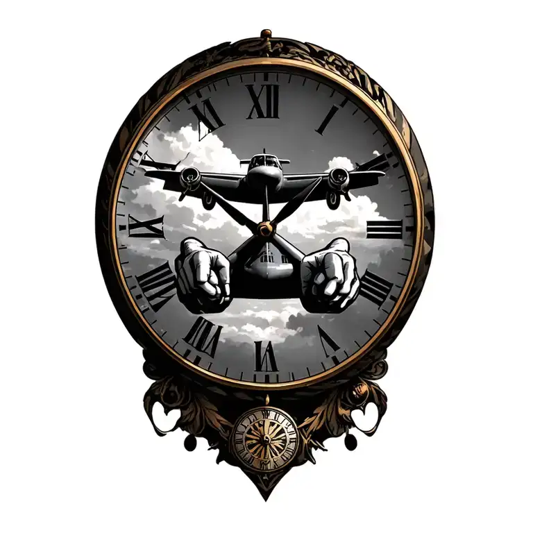 Lancaster bomber and clock hands pointing tattoo design idea