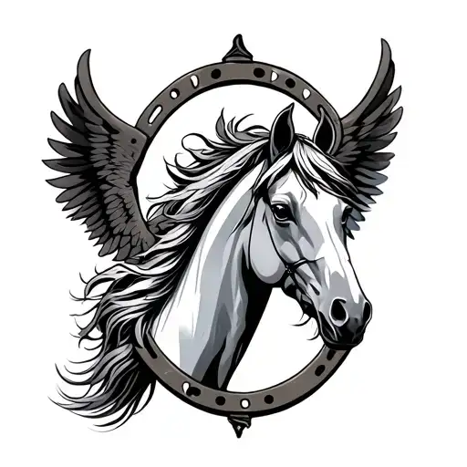 A horse facing eastward with a horseshoe over it with Phoenix wings tattoo design idea