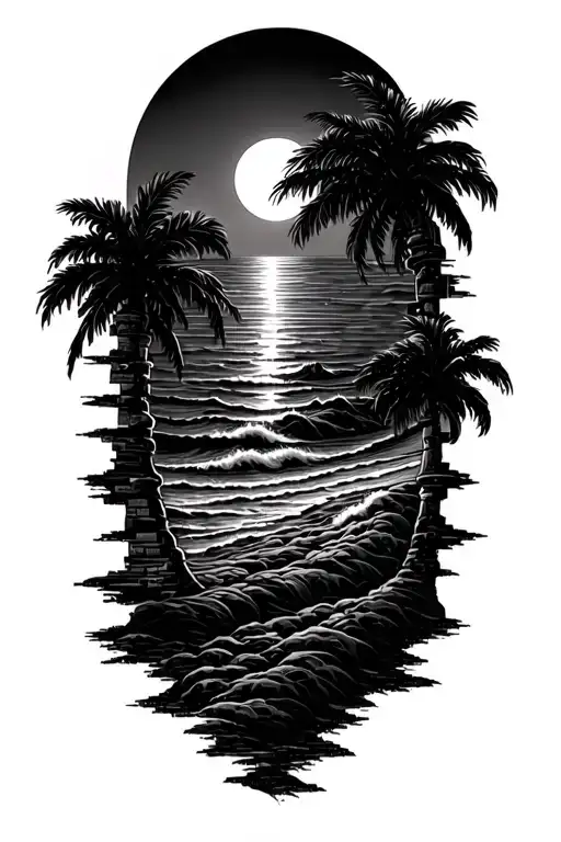  sunset scene merging with Greek key intertwined  beach waves below tattoo design idea
