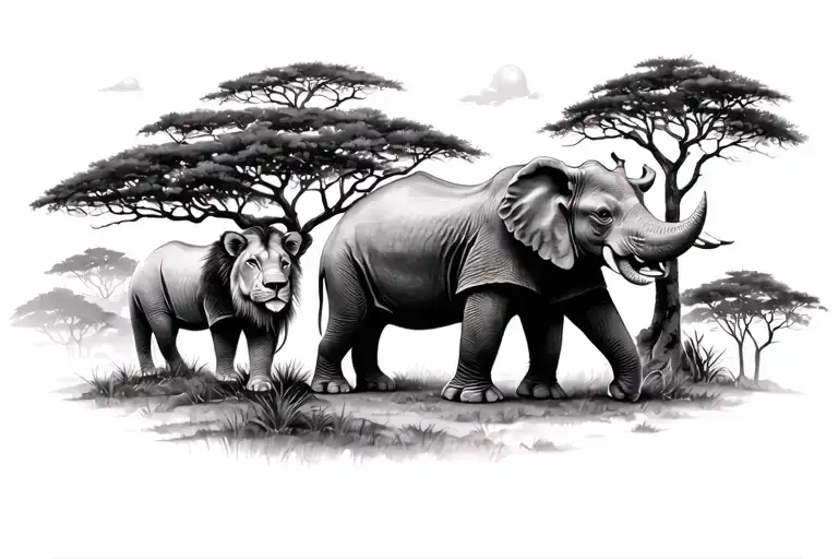 Safari lion white rhino giraffe tree big elephant tattoo design idea