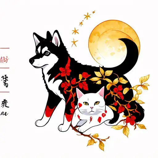 The red vine is the husky, the golden vine is the white cat. The husky is the sun, the cat is the crescent moon. Minimal tattoo design idea
