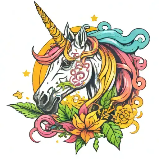 simple Unicorn smoking weed Under a rainbow. tattoo design idea