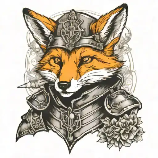 anthropomorphic fox in a suit of armour. include appealing extra details. black and grey tattoo. tattoo design idea