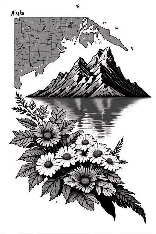a band of Alaskan wild flowers on the bottom with a mountain range above it and then a topographical map above tattoo design idea