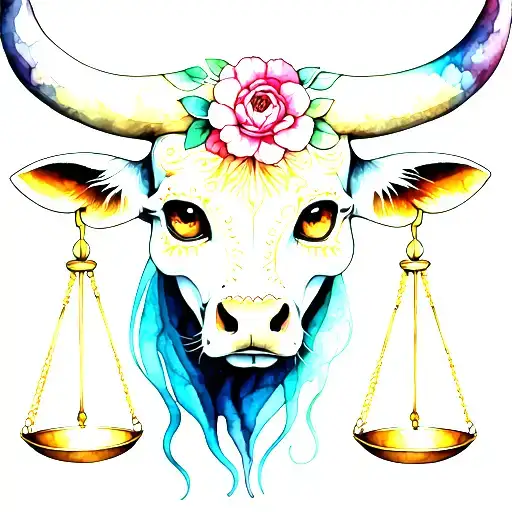 feminine bull with sugar skull markings, brown eyes and two Libra scales and dark background tattoo design idea