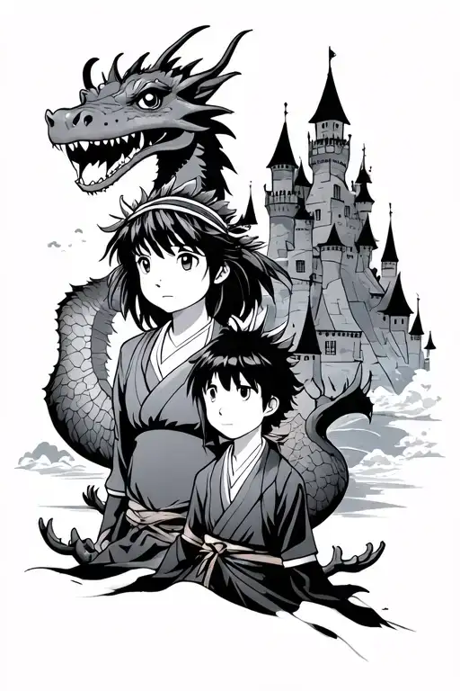 Chihiro with Haku (dragon), Howl's moving castle in the background, and Ponyo with Sosuke below. style by Studio Ghibli tattoo design idea