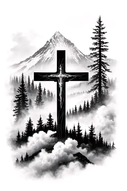 Black and white clouded forest with mountain behind it and a Christian black Chross in the middle, outline of cross whit tattoo design idea