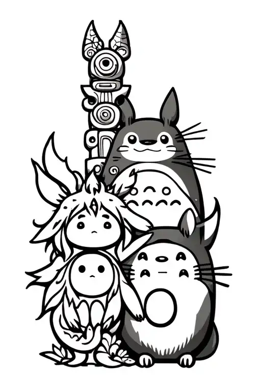 studio Ghibli inspired totem pole intertwined with Haku, totoro, Kiki and Jij, ponyo, no face, Calcifer, soot sprites tattoo design idea