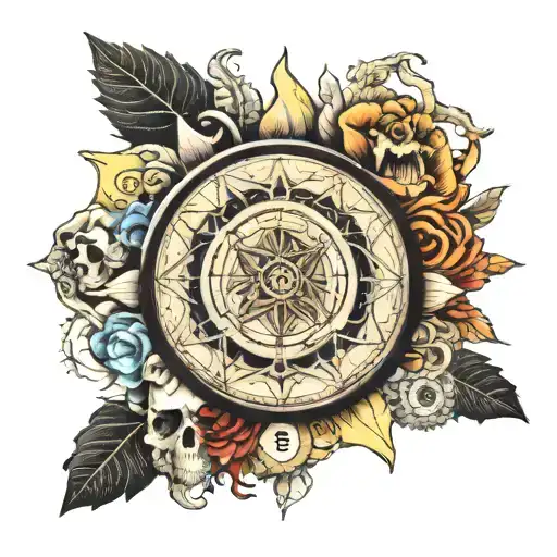 WHEEL OF DHARMA WITH ALL THE 7 CHAKRAS, Macabre skull located in the center of the wheel NATURAL ELEMENTS tattoo design idea