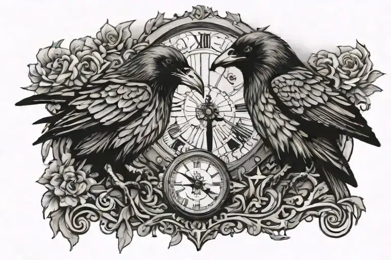 2 ravens sitting on watch broken and healed tattoo design idea
