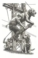 A country-themed tattoo design featuring linemen working on power lines with a Labrador dog in the background tattoo design idea