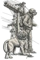 A country-themed tattoo design featuring linemen working on power lines with a Labrador dog in the background tattoo design idea