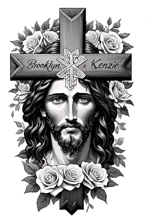 the cross with Jesus face with roses around it and my daughters names Brooklyn and Kenzie tattoo design idea