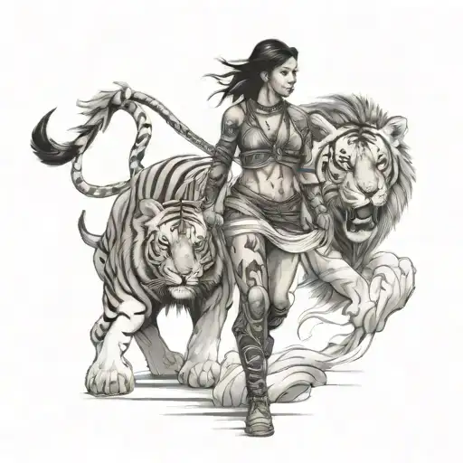 warrior woman walking with a lion and a tiger next to her tattoo design idea