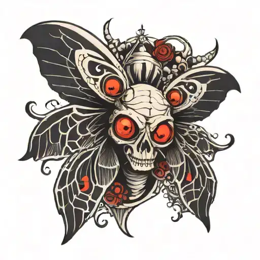 creepy cute moth with wings angled down, mostly black with red eyes, spiderweb wings, skull on head tattoo design idea