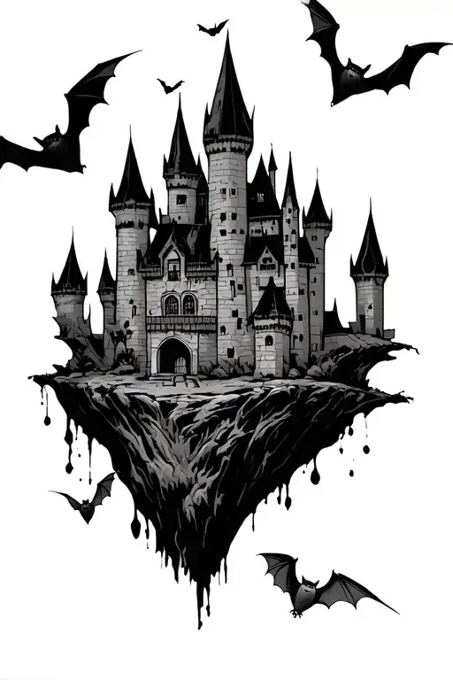 Dracula castle with bats flying around it, one of the bats is a budgie instead of a bat. the castle is a floating island tattoo design idea