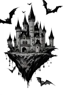 Dracula castle with bats flying around it, one of the bats is a budgie instead of a bat. the castle is a floating island tattoo design idea