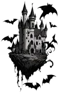 Dracula castle with bats flying around it, one of the bats is a budgie instead of a bat. the castle is a floating island tattoo design idea