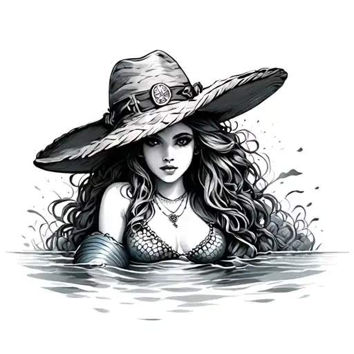 mermaid, rock, straw hat, pirates tattoo design idea