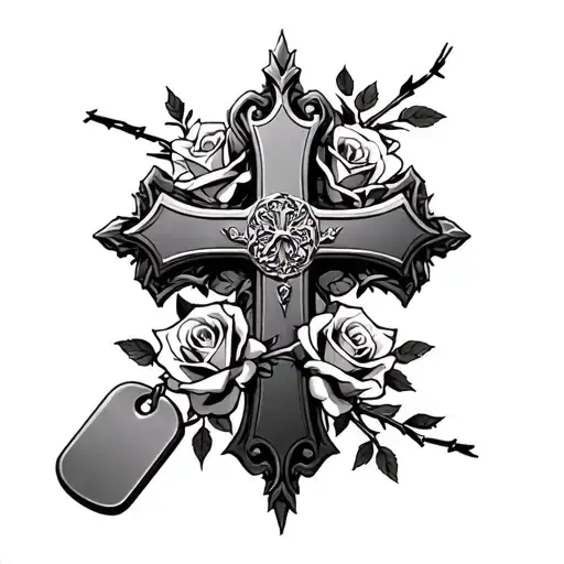ornate cross, roses, dog tags, barbed wire with roses tattoo design idea