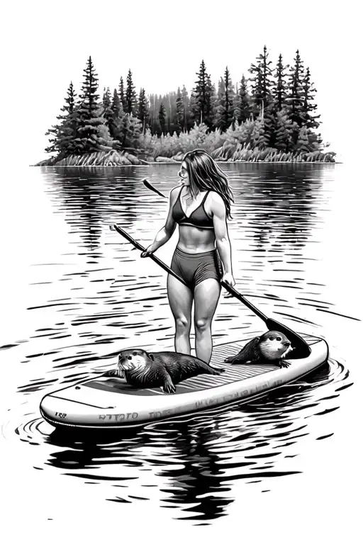  woman on paddleboard with otter swimming in river tattoo design idea