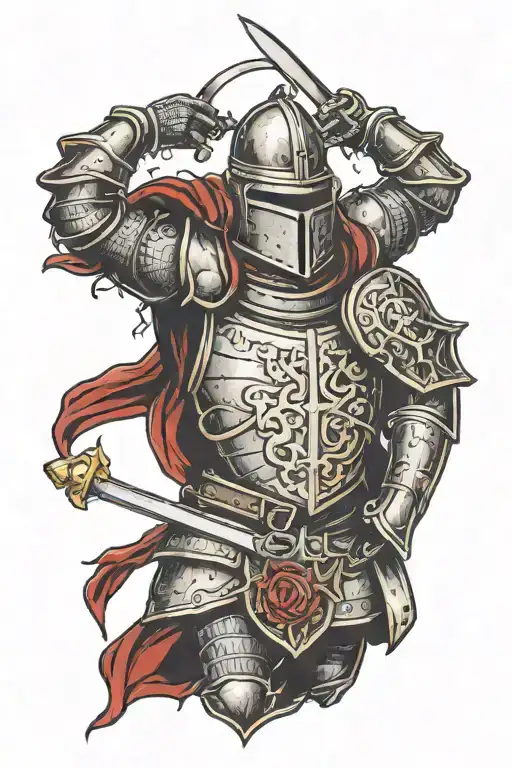 A knight with a broken halo at the gates of hell portrayed tattoo design idea