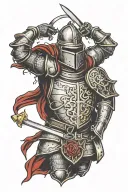 A knight with a broken halo at the gates of hell portrayed tattoo design idea