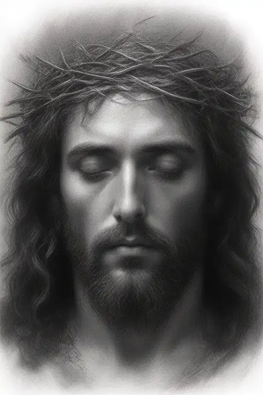 Hyper realistic portrait of Jesus Christ with a crown of thorns, looking down  tattoo design idea