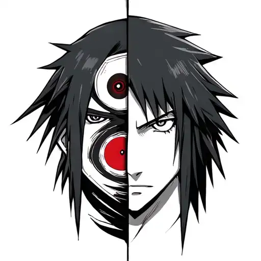 half sasuke face half itachi face with sharingan eyes tattoo design idea