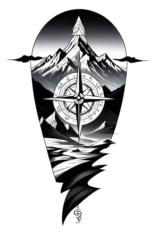 minimalist moutain range and compass rose tattoo design idea