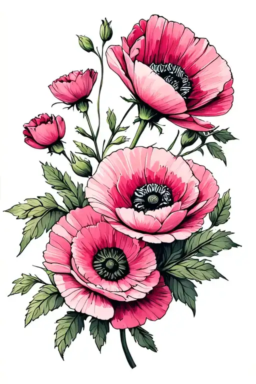 pink ranunculus and poppy flowers tattoo design idea