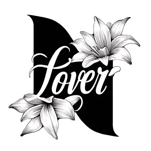 The word "Lover" In a script or cursive font with the last line of the letter "r" connected to a fine line lily tattoo design idea