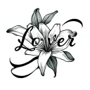 The word "Lover" In a script or cursive font with the last line of the letter "r" connected to a fine line lily tattoo design idea