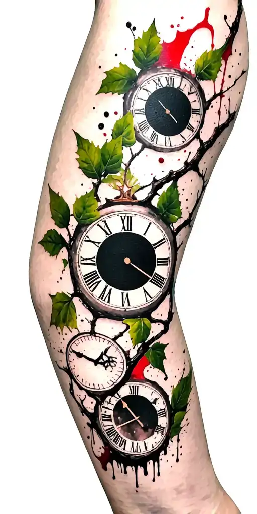 birch branches with hunter green leaves with only three clocks integrated into it for an arm sleeve tattoo design idea