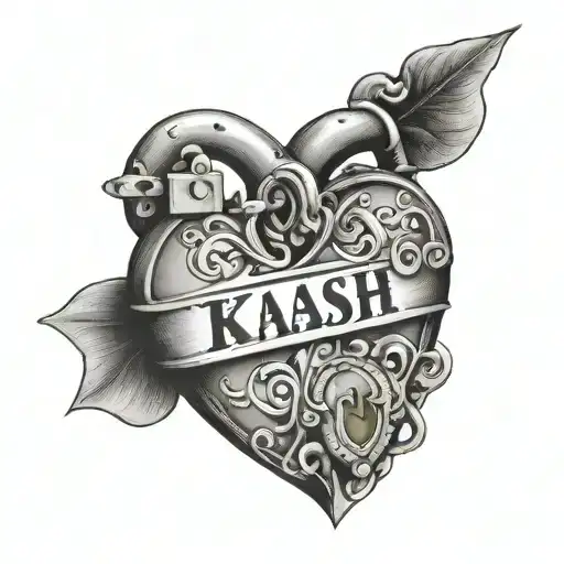 K A S H A F written inside a heart shaped lock tattoo design idea