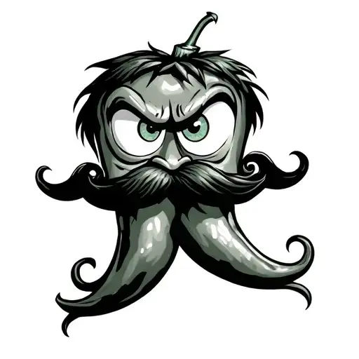 A bold, cartoon-style chili pepper with crazy, wide eyes and a wild expression. It has a mustache shaped like the countr tattoo design idea