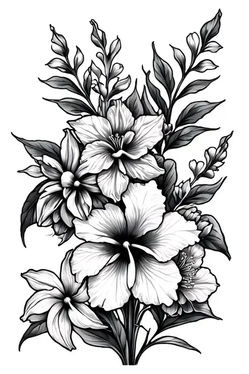 daffodils and hibiscus flower large black leaves detailed tattoo design idea