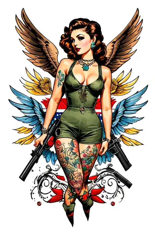 Sexy pin up girl, side profile, full body view, standing, petite, large boobs, Army tattoo design idea