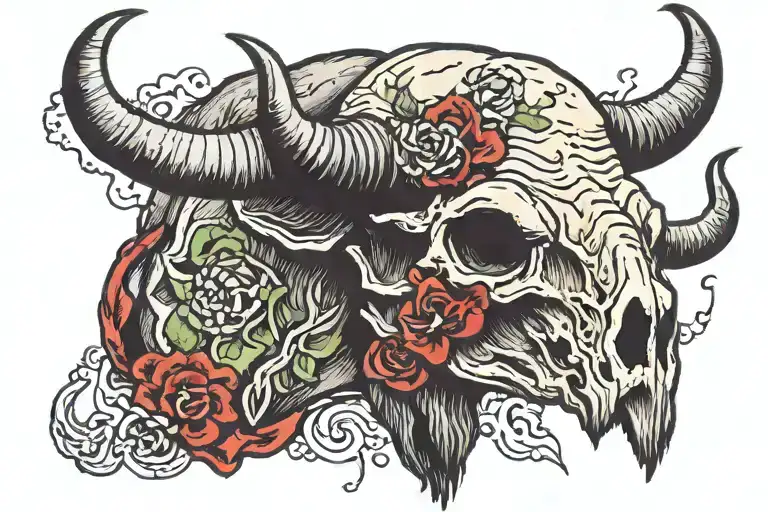 zombie bison skull tattoo design idea
