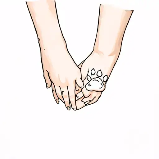 a mother's hand holding her two daughter's hand and a cat paw tattoo design idea