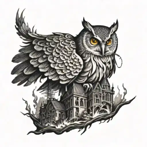 burning city with Owl perched atop a pile tattoo design idea
