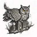 burning city with Owl perched atop a pile tattoo design idea