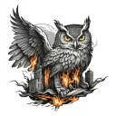 burning city with Owl perched atop a pile tattoo design idea