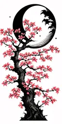 Japanese cherry tree without a leaf with moon and soliel tattoo design idea