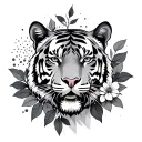 a tiger's head with leaves and flowers in front of it and dots behind it  tattoo design idea