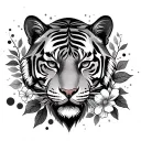 a tiger's head with leaves and flowers in front of it and dots behind it  tattoo design idea
