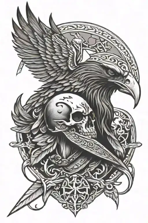 viking warrior raven skull tattoo design idea