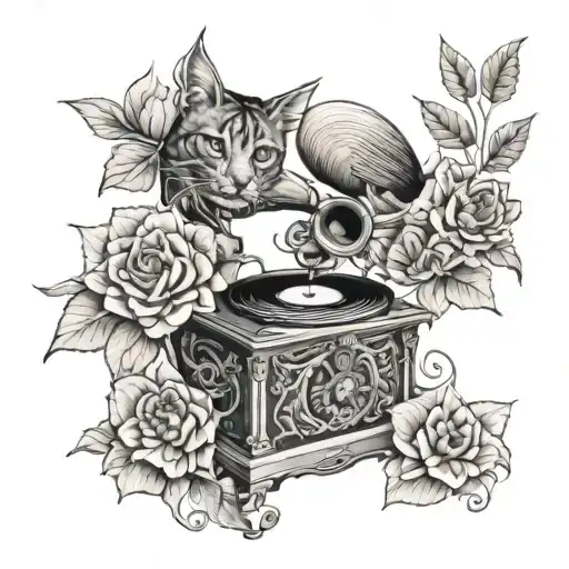 gramophone with dahlias, cat skull, birds tattoo design idea