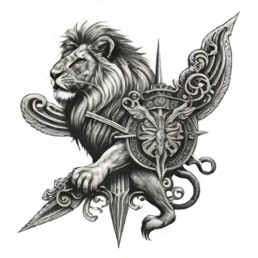 half butterfly half lion with a sword in the middle spine tattoo tattoo design idea